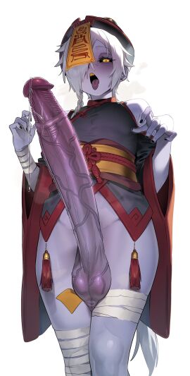 1boy :o absurdres ain_(in) bandaged_leg bandages black_dress black_hat black_nails black_sclera black_shirt braid china_dress chinese_clothes clothing_cutout colored_sclera colored_skin commentary_request cowboy_shot dress earrings eyelashes half-closed_eyes hands_up hat highres huge_cock in_(ain) jewelry jiangshi korean_commentary long_hair male_focus original parted_lips penis precum purple_skin qingdai_guanmao sash shirt shoulder_cutout side_braid solo stud_earrings tassel testicles uncensored variant_set veins veiny_penis white_hair wide_sleeves yellow_eyes