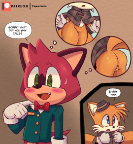 2boys @_@ anthro ass balls barry_the_quokka blush canid canine clothed clothing dialogue duo english_text erection erection_under_clothes fox furrowed_brow furry_only gay hi_res hidden_penis hiding_erection imagining macropod male male/male mammal marsupial nervous open_mouth penis pepamintop quokka sega shiny_skin sonic_(series) sonic_the_hedgehog_(series) spiral_eyes sweatdrop table tails tails_the_fox testicles text the_murder_of_sonic_the_hedgehog thick_thighs thighs thinking_about_sex thirsty thought_bubble trance vest yaoi