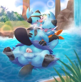 absurd_res anal anal_sex andyocelot anthro anthro_on_anthro anthro_penetrated anthro_penetrating anthro_penetrating_anthro anus ass balls blue_body blue_fur blush bodily_fluids cum cum_in_ass cum_inside dewott duo eye_patch eyewear fur generation_5_pokemon genital_fluids genitals hi_res humanoid male male/male male_penetrated male_penetrating male_penetrating_male nintendo outside penetration penis pokemon pokemon_(species) sex spearmint_iv_the_dewott water waterfall