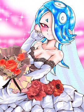1girls blue_hair blush bouquet breasts cleavage dress female flowers hair_covering_eye large_breasts looking_at_viewer mazuo917 nintendo octoling octoling_girl red_eyes shiver_(splatoon) short_hair solo solo_female solo_focus splatoon splatoon_(series) splatoon_3 tentacle_hair wedding_dress white_dress