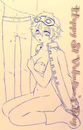 1boy 1girls 2016 baby_cat boots breast_hold breasts canon_genderswap cleavage covering_breasts eye_mask female female_focus full_body genderswap genderswap_(mtf) ginko_sakata gintama gintoki_sakata hair_between_eyes holding_breasts jacket_on_shoulders line_art looking_at_viewer male monochrome mostly_nude okita_sougo partially_clothed rule_63 shinsengumi_(gintama) short_hair sitting sleep_mask traditional_media_(artwork) unseen_male_face very_short_hair wearing_others_clothes