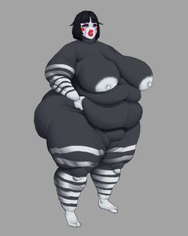 ass bbw belly_button black_body black_hair breasts chubby chubby_female fat fat_ass female five_nights_at_freddy's five_nights_at_freddy's_2 fnaf hips holding_stomach large_ass large_breasts marionette_(fnaf) overweight overweight_female puppet_(fnaf) puppet_(thepuppetlover) red_lips red_lipstick solo stripes sykotikfuckerr thick_thighs white_face