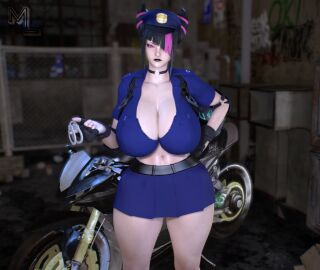 1girls 3d alleyway artist_logo asian badge belt big_breasts black_hair busty capcom choker dyed_hair fence gloves graffiti graffiti_on_wall handcuffs hands_on_hips helmet highres holster juri_han korean korean_female large_breasts light-skinned_female light_skin looking_at_viewer malef1cent motor_vehicle motorcycle navel police police_hat police_uniform policewoman pose self_upload skirt straps street_fighter street_fighter_6 thick thick_thighs virtamate voluptuous_female