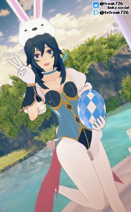 1girls 3d :d blue_eyes blue_hair breasts bunny_ears bunny_girl bunnysuit collarbone easter egg fefreak726 female female_only fire_emblem fire_emblem_awakening fire_emblem_heroes gloves hair_between_eyes high_heels holding leg_up leotard long_hair lucina_(fire_emblem) nintendo open_mouth outdoors pantyhose pond pose scarf small_breasts smile solo symbol-shaped_pupils tree v water