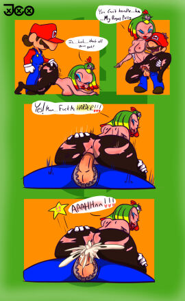 1boy 1girls 4koma anus ass big_ass big_breasts breasts comic cowgirl_position creampie cum enemy english_text female from_behind heart jaycoxxx male mario mario_(series) queen_valentina sex speech_bubble super_mario_rpg text thick_thighs torn_clothes villainess