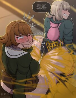 1futa 1girls ass backpack big_ass big_breasts billdenovo blush boner_in_pants breasts closed_eyes cum cumming danganronpa fart fart_fetish fartjob female fujisaki_chihiro futanari gag gritted_teeth intersex nanami_chiaki sitting_on_lap skirt text thighhighs whimper