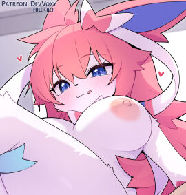 anthro areola biped black_nose blue_eyes blush breasts dev_voxy devil-vox devvoxy eeveelution eyebrows eyelashes female fur generation_6_pokemon hair heart_symbol hi_res licking licking_lips nintendo nipples pink_hair pokemon pokemon_(species) pupils solo sylveon tongue tongue_out white_body white_fur
