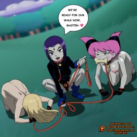 2022 3girls all_fours angry angry_face artist_name belt blonde_hair bone bone_gag boots breasts cameltoe clothed clothed_female collar collar_only collar_tag comic daloknight dc dc_comics dialogue english english_text face_down_ass_up feet female female_only gloves gloves_only grey_body hanging_breasts heart jewel jewel_on_forehead jinx_(dc) leash leash_and_collar leotard master nipples nude nude_female outside patreon patreon_logo patreon_url patreon_username petplay pink_eyes pink_hair purple_eyes purple_hair raven_(dc) speech_bubble squatting teen_titans teen_titans_(television_series) terra_(dc) text toes tongue tongue_out walk_request web_address year ~