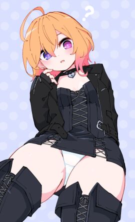 ? ahoge blush boots breasts choker clueless exposed exposure female from_below gradient_hair heterochromia jacket looking_down multicolored_hair orange_hair pantyshot paskmel small_breasts thick_thighs white_panties wide_hips