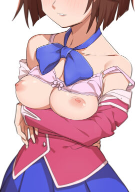 blush bra_lift breasts breasts_out brown_hair eyes_out_of_frame female female_focus large_breasts mazaki_anzu morisobo school_uniform shirt_down tea_gardner white_background yu-gi-oh!