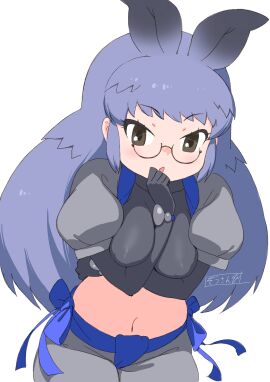 1girls :o animal_ears arm_between_breasts arm_under_breasts bangs between_breasts black-framed_eyewear black_eyes black_gloves black_rhinoceros_(kemono_friends) black_shirt blue_bow blue_hair blush bow breasts breasts_apart brown_eyes bunny_ears clothing crop_top elbow_gloves eyewear female glasses gloves gradient_hair grey_hair grey_shorts hand_up impossible_clothes impossible_shirt kemono_friends large_breasts long_hair looking_at_viewer masuyama_ryou medium_breasts midriff multi_ear multicolored_hair navel official_alternate_costume open_mouth parted_lips puffy_short_sleeves puffy_sleeves semi- semi-rimless_eyewear shirt short_sleeves shorts solo stomach tied_hair under-rim_eyewear very_long_hair