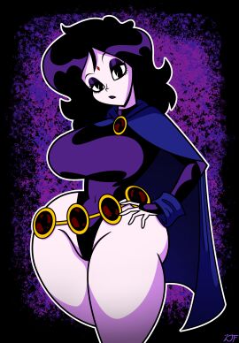 annoyed artist_signature belly_button belt belt_accessory big_breasts big_thighs black_eyes black_hair black_lips black_lipstick blue_cape breasts cape child_bearing_hips cloak cosplay costume dc dc_comics deadpan expressionless eyelashes eyeshadow female gold_belt gold_jewelry goth goth_girl gothic gothic_girl halloween halloween_2025 hand_on_hip hi_res highres hips jewel_on_forehead jeweled_belt jewelry large_breasts latex latex_clothing leotard light-skinned_female light_skin looking_at_viewer makeup one_piece_suit original original_character pale-skinned_female pale_skin purple_background pussy raven_(cosplay) raven_(dc) rustysh4ckl3ford shaded shiny_clothes shiny_eyes shiny_hair shiny_lips short_hair simple_background simple_shading superhero_costume superheroine teen_titans textless textless_version thick_thighs thunder_thighs tight_clothing vagina violetta_ravenwing voluptuous voluptuous_body voluptuous_female white_skin white_skinned_female wide_hips