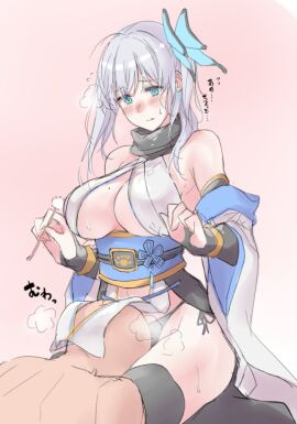 1boy aqua_eyes bare_shoulders breasts butterfly_hair_ornament cleavage clothing_cutout detached_sleeves earrings elbow_gloves female fingerless_gloves flying_sweatdrops gloves hair_ornament holding implied_cunnilingus jewelry male mole mole_on_breast navel_cutout original panties pelvic_curtain pink_background sash sawaya_(mizukazu) scarf side-tie_panties sitting sweat underwear wide_sleeves