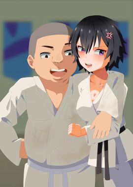 1boy 1girls anime_style black_hair bullying cuckold doujinshi embarrassed female harassment karate male manga mind_break model neckline netorare patreon skru submissive submissive_female