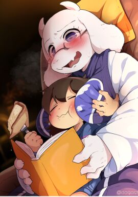 2d age_difference big_breasts blush book breasts closed_eyes dagasi digital_art dizzy dizzy_eyes eating embarrassed female fork frisk goat head_between_breasts heavy_breathing open_mouth pie reading_book squeezing_breast sweat sweating toriel undertale undertale_(series)
