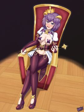 1girls alternate_costume bernadetta_von_varley breasts cleavage cosplay crossover female female_only fire_emblem fire_emblem:_three_houses grey_eyes high_heels hiiragi_utena hiiragi_utena_(cosplay) magia_baiser mahou_shoujo_ni_akogarete medium_breasts nahusmash nervous nintendo nipple_pasties pasties purple_hair revealing_clothes sitting sitting_on_chair solo throne