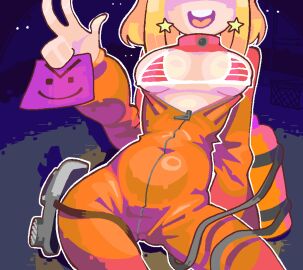 1girls blonde_hair covered_eyes drawfag earrings female happy lethal_company light-skinned_female open_mouth open_suit oxygen_tank savannahxyz solo solo_female solo_focus spacesuit star_earrings sticky_note striped_bikini white_outline youtube youtuber