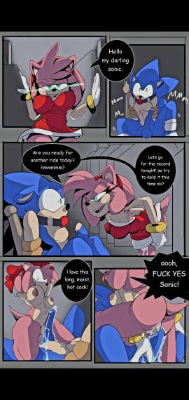 absurd_res accessory amy_rose anthro ass ball_gag balls bdsm bleuhare blue_body blue_fur bodily_fluids bracelet breasts caught clothing comic dress duo eulipotyphlan female female_on_top femdom fur gag genital_fluids genitals gloves glowing glowing_eyes green_eyes hair_accessory hairband handwear hedgehog hi_res jewelry large_breasts male male/female mammal nude nude_female panties penis pink_body pink_fur pussy restrained sega smug_face sonic_(series) sonic_the_hedgehog sonic_the_hedgehog_(series) speech_bubble stalker submissive_male tail underwear undressing vaginal_fluids