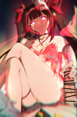 1boy bar_censor black_choker black_gloves breasts caelus_(honkai:_star_rail) censored choker commentary completely_nude dissolving_clothes female femdom flower-shaped_pupils flower_tattoo gloves glowing glowing_eyes grey_hair handjob highres honkai:_star_rail honkai_(series) long_hair looking_at_viewer male mask mask_on_head mosaic_censoring nashidrop nude penis pussy small_breasts sparkle_(honkai:_star_rail) symbol-shaped_pupils tattoo thighs