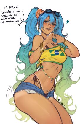 2d athletic athletic_female bare_midriff bikini blue_eyes blush bracelet brazil brazilian brazilian_female brazilian_miku breasts busty dialogue earrings female female_focus female_only hatsune_miku heart_hands hourglass_figure kushb long_fingernails long_hair nail_polish navel pinup pinup_pose portuguese_text pose posing speech_bubble tagme tan tan_body tan_skin tanline thong_bikini turquoise_hair twintails vocaloid waist_chain wide_hips