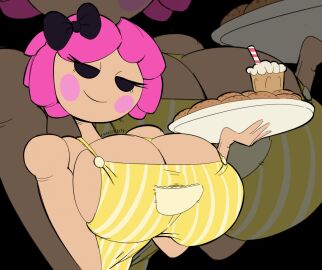 1girls apron artist_name big_breasts black_background black_eyes blush bow breasts button_eyes crumbs_sugar_cookie dark_background doll doll_girl female female_only hairbow half-closed_eyes holding_tray huge_breasts lalaloopsy light-skinned_female light_skin living_doll pink_hair seductive seductive_look seductive_smile short_hair signature smile solo solo_female source_request tasteofchoklit yellow_apron