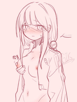 .... 1girls artist_signature belly_button big_breasts breasts dalgik disembodied_hand female female_focus female_only groping jacket jacket_only korean_text long_hair looking_at_viewer motion_lines naked original original_character pink_background pink_nipples