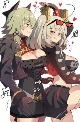 2girls :q absurdres arm_up black_dress black_skirt breasts burnice_white caesar_king caesar_king_(zenless_zone_zero) cleavage commentary cowboy_shot crop_top dress female green_hair grey_hair hair_intakes heart highres hinghoi large_breasts looking_at_another midriff miniskirt multiple_females multiple_girls musical_note short_dress short_hair simple_background skirt smile sons_of_calydon standing tongue tongue_out two_side_up white_background yuri zenless_zone_zero