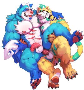 anthro anthro_on_anthro anthro_penetrated anthro_penetrating anthro_penetrating_anthro balls bara blue_body blue_fur blue_hair blue_tail canid canine canis domestic_dog duo dust_yang erection fangs felid front_view fur genitals hair half-erect hi_res humanoid_genitalia humanoid_penis male male/male male_penetrated male_penetrating male_penetrating_male mammal muscular muscular_anthro muscular_male narrowed_eyes navel nipple_piercing nipples nude open_mouth open_smile pecs penetration penis piercing red_eyes red_nose red_penis red_tongue sex short_hair simple_background smile spread_legs spreading tail teeth tongue vein veiny_penis whiskers white_background white_balls white_body white_fur white_hair yaoi yellow_body yellow_fur yellow_sclera