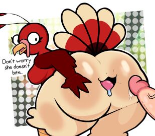 anthro ass ass_grab avian beak beckoning big_ass big_butt bird bodily_fluids breasts butt_grab digital_media_(artwork) duo english_text eyelashes feathers female female_focus galliform genital_fluids genitals gesture hand_on_ass hand_on_butt hi_res huge_ass huge_butt imminent_sex leaning leaning_forward lewdewott looking_at_viewer looking_back male miitopia mouth_anus multicolored_body multicolored_feathers nintendo non-mammal_breasts offscreen_character offscreen_male open_beak open_mouth penis phasianid precum red_body red_feathers side_boob simple_background solo_focus spread_ass spread_butt spread_mouth spreading tail tail_feathers tan_body tan_feathers text thick_thighs tongue turkey twerkey white_background