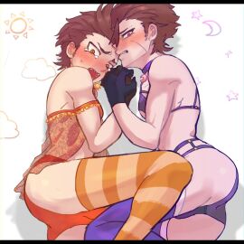2boys blush blush_lines brown_hair choker cuckaracha danganronpa danganronpa:_despair_time fanganronpa gay gay_male gloves lingerie male male/male male_only markey_ace moon only_male orange_eyes red_eyes scar scar_on_face scars selfcest sun sweat sweatdrop sweating thighhighs thighs yaoi