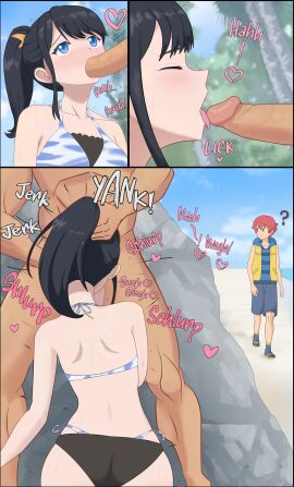 1girls artist_request beach bikini black_hair blowjob blue_eyes blush cheating drawfag hidden_sex licking_penis netorare ntr official_outfit question_mark source_request ssss.gridman stealth_sex takarada_rikka