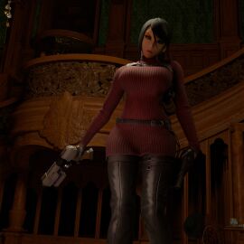 3d 3d_(artwork) 4k ada_wong black_hair blue_eyes capcom cosplay huge_breasts looking_at_viewer nintendo resident_evil samus_aran super_smash_bros. thighhighs wide_hips