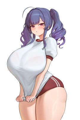 1girls ahoge alternate_costume azur_lane bare_legs blunt_bangs blush bralines breasts buruma commentary_request drill_hair erufura female female_only gym_uniform highres huge_breasts looking_at_viewer parted_lips pola_(azur_lane) pulling_own_clothes purple_eyes purple_hair red_buruma shirt shirt_tug simple_background solo thick_ass thick_thighs thighs twin_drills white_background white_shirt