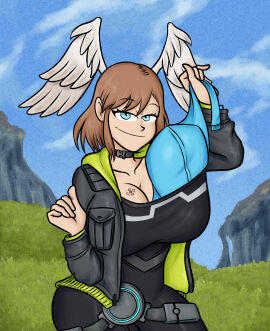 big_breasts bra bra_lift bra_removed breasts eunie_(xenoblade) female looking_at_another nintendo outdoors sitting smile sweater tattoo tattoo_on_chest thick winged_humanoid wings wings_on_head xenoblade_(series) xenoblade_chronicles_(series) xenoblade_chronicles_3 yellowsalamander