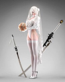 3d blender boobs bouquet breasts bridal_bouquet bridal_lingerie bridal_veil bride female full_body hadesobsidian leotard nier:_automata nier_(series) silver_heels silver_high_heels wedding_bouquet wedding_lingerie wedding_veil white_hair white_stockings yorha_2b