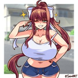 1girls alternate_version_available artist_name big_breasts border breasts brown_hair casual cleavage clothed_female doki_doki_literature_club female green_eyes huge_breasts light-skinned_female light_skin mole_under_eye monika_(doki_doki_literature_club) one_eye_closed ponytail seireiart shorts solo solo_female thick_thighs watermark