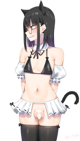 1boy animal_ears balls bar_censor black_hair black_thighhighs blush cat_boy cat_ears cat_tail censored cowboy_shot crossdressing detached_collar detached_sleeves flaccid frills green_eyes highres kitajima_yuuki long_hair male mole mole_above_mouth navel open_mouth original otoko_no_ko penis puffy_detached_sleeves puffy_sleeves round_eyewear sidelocks simple_background solo sweat tail testicles thighhighs white_background