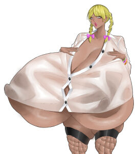 1girls blonde_hair breasts breasts_bigger_than_head breasts_bigger_than_torso bursting_breasts dark-skinned_female dark_skin enormous_breasts female gyaru gyarufication hyper hyper_breasts long_hair nipples nipples_visible_through_clothing rahizu solo solo_female tagme