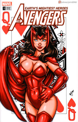 2019 avengers big_breasts blue_eyes breasts brown_hair cape cleavage clothed clothing female garrett_blair gloves hand_on_hip holding_cape human human_only leotard light_skin marvel marvel_comics no_underwear queen_of_hearts red_clothing scarlet_witch skintight_clothing superheroine thighhighs wanda_maximoff