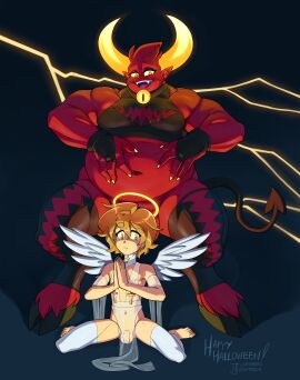 absurd_res angel angel_humanoid anthro back_wings balls bune_(lapinbeau) clothing crop_top curved_horn demon demon_humanoid duo fangs feathered_wings feathers femboy fingerless_gloves flaccid fur genitals gloves hair half-closed_eyes halo handwear hi_res hooves horn humanoid humanoid_genitalia humanoid_penis humanoid_pointy_ears kneeling lapinbeau leg_warmers legwear male mammal muscle_tone musclegut muscles muscular muscular_humanoid muscular_male narrowed_eyes open_mouth open_smile pecs penis red_body red_fur red_hair red_skin shirt slightly_chubby slightly_chubby_humanoid slightly_chubby_male smile spade_tail tail teeth theodore_(lapinbeau) topwear translucent translucent_clothing tunic winged_humanoid wings