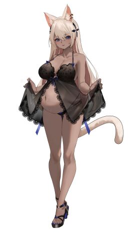 babydoll big_breasts black_panties blonde_hair blue_eyes brown_skin cat_ears cat_tail catgirl cleavage dark-skinned_female dark_skin female female_only full_body high_heels kemonomimi lace lace_trim lingerie long_hair looking_at_viewer majo_(pastamajo) negligee original panties platform_heels pregnant solo standing