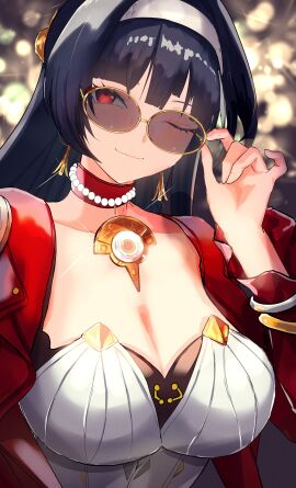 absurdres adjusting_eyewear astra_yao black_hair blurry blurry_background bokeh breasts cleavage closed_mouth commentary depth_of_field detached_collar dress earrings female glint hair_intakes hairband highres jacket jewelry large_breasts long_hair looking_at_viewer necklace one_eye_closed pearl_necklace red_eyes red_jacket smile solo tinted_eyewear uneven_bangs upper_body white_dress white_hairband yellow-framed_eyewear yuu_(primenumber7) zenless_zone_zero