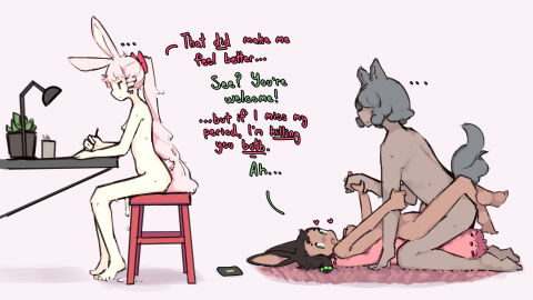 1boy 2girls after_sex breasts bunny_ears bunny_girl cum cum_drip cum_in_pussy cum_inside dark-skinned_female dark-skinned_male dark_skin dialogue female hypnosis hypnosis_app implied_impregnation impregnation_risk light-skinned_female light_skin male male/female multiple_females multiple_girls original pale-skinned_female pale_skin pecan_delight_(zako_sketch) petite pink_hair red_eyes red_velvet_(zako_sketch) sex small_breasts straight submissive_female tan-skinned_female tan-skinned_male tan_skin zako zako_sketch