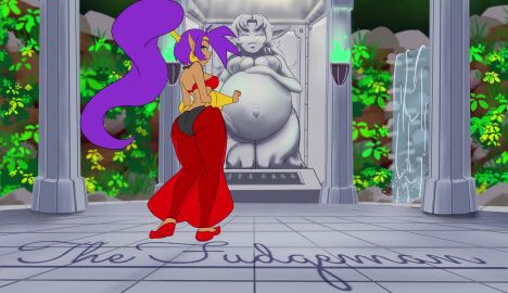 1girls animated baby_kicking belly_dancer belly_dancer_outfit belly_dancing big_ass dancing growing happy hyper_pregnancy magic pregnant pregnant_female purple_hair ruins shantae shantae_(character) smile statue tagme thefudgeman video wayforward