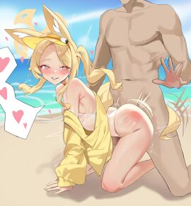 1boy absurdres all_fours animal_ear_fluff animal_ears ass beach blonde_hair blue_archive clothed_sex cross_halo day doggy_style female fox_ears fox_girl halo handprint highleg highres jacket long_hair male official_alternate_costume one-piece_swimsuit onigirikao outdoors seia_(blue_archive) seia_(swimsuit)_(blue_archive) sex sex_from_behind shiny_skin side_ponytail slap_mark solo_focus spanked straight sunglasses sweat swimsuit visor_cap white_one-piece_swimsuit yellow_eyes yellow_halo yellow_jacket yellow_visor