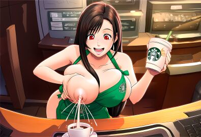 ai_generated apron apron_only breasts breasts_out coffee coffee_mug coffee_shop confidently_naked employee_of_the_month employee_uniform final_fantasy final_fantasy_vii final_fantasy_vii_remake lactating lactation logo milk milk_in_coffee milk_in_cup milk_squirt milking_breasts projectile_lactation public_indecency public_nudity serving_beverage serving_drink squeezing_breast starbucks tifa_lockhart