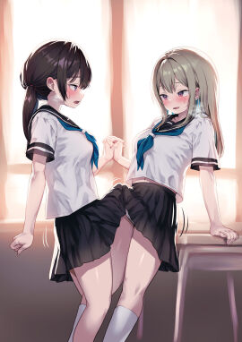 2futas absurdres arm_support ayanakitori black_hair black_skirt blonde_hair blue_neckerchief blush breasts clothed clothing dicks_touching duo erection_under_clothes female frottage futa_on_futa futa_only futa_with_futa futanari grey_hair highres holding_hands human interlocked_fingers intersex light-skinned_futa light_skin long_hair medium_hair mostly_clothed multiple_females multiple_girls neckerchief original penis penises_touching school_uniform serafuku shirt short_sleeves skirt standing sweat tenting textless_version twintails white_shirt