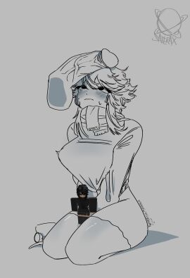 1boy 1girls artist_logo artist_signature big_breasts blush bound breasts disembodied_penis female female_focus grey_background hair half-dressed hands_between_legs imminent_oral line_art looking_at_penis looking_up male nervous oc penis penis_on_head reference_image roblox roblox_avatar robloxian saterax scarf self_upload shadow sweat sweater_only thick_thighs thighs veiny_penis