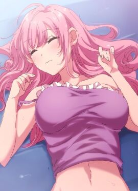 belly belly_button blush breasts cute female fuufu_ijou_koibito_miman kawaii pink_hair purple_shirt sleeping watanabe_akari