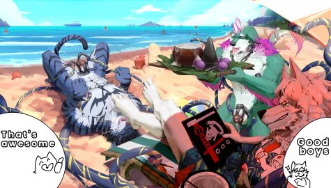 absurd_res anthro bara beach beach_chair beard bent_legs blue_body blue_fur bondage bottomwear breath canid canine canis chastity_cage chastity_cage_only chastity_device chastity_device_only clothed clothed/nude clothing cum_dripping_from_penis devilish_grin dialogue dragonsmint eye_scar facial_hair facial_scar feet felid foot_fetish foot_lick foot_on_face foot_play fur gay gay_male green_body green_fur grin group hair hi_res kerner04380771 kneeling licking lying male male/male mammal nipple_fetish nipple_play nude on_back pantherine panting paw_pose penetration penis petplay pose roleplay sand scar seaside shorts sitting slave smile submissive submissive_male tattoo tentacle tentacle_around_leg tiger tongue trio urethral urethral_penetration white_beard white_body white_facial_hair white_hair wolf yaoi yellow_eyes